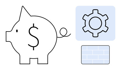 Piggy bank outlined with a dollar symbol, a gear representing settings or optimization, and a brick pattern suggesting stability. Ideal for savings, finance, business strategies, planning