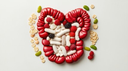 Assorted foods arranged to resemble a human intestine, highlighting gut health and nutrition.