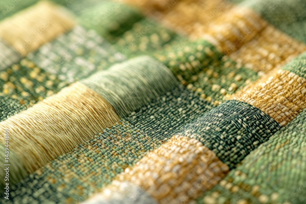 Aufkleber Close-up of textured fabric with interwoven green and gold threads creating a plaid pattern.