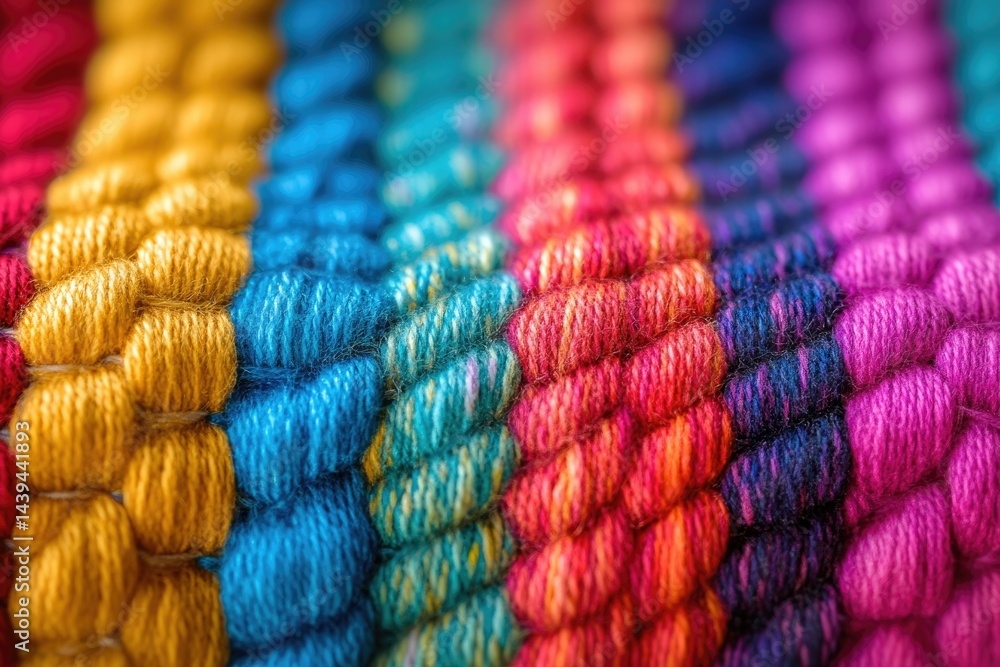 Poster close-up of vibrant multicolored woven fabric, showcasing intricate texture and rich color variation