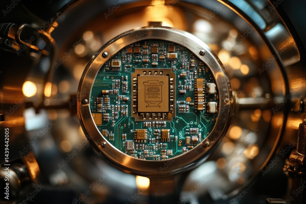 Poster Close-up view of a microchip circuit board, showcasing intricate electronic components and connections.