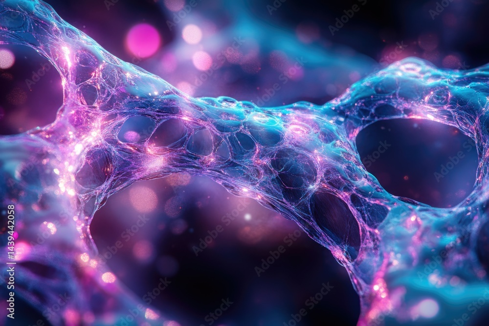 Poster abstract representation of a neural network, glowing with vibrant pink and blue hues, depicting intr