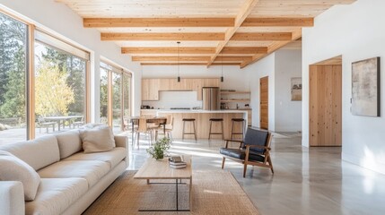 Open-concept, modern wooden-beam home interior.
