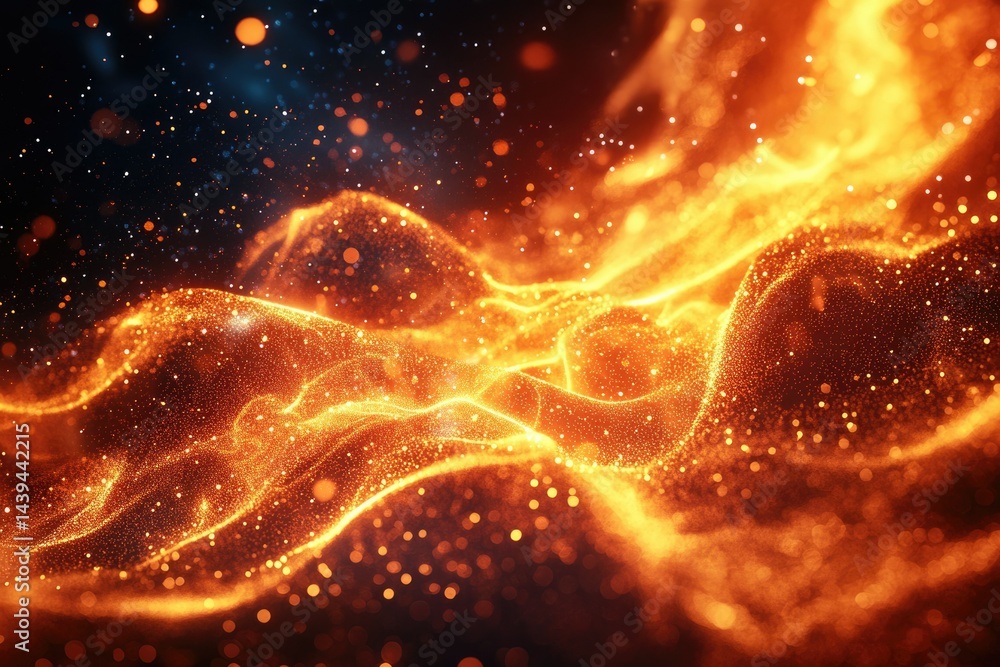 Poster abstract fiery waves of glowing particles, cosmic dust and energy in motion.