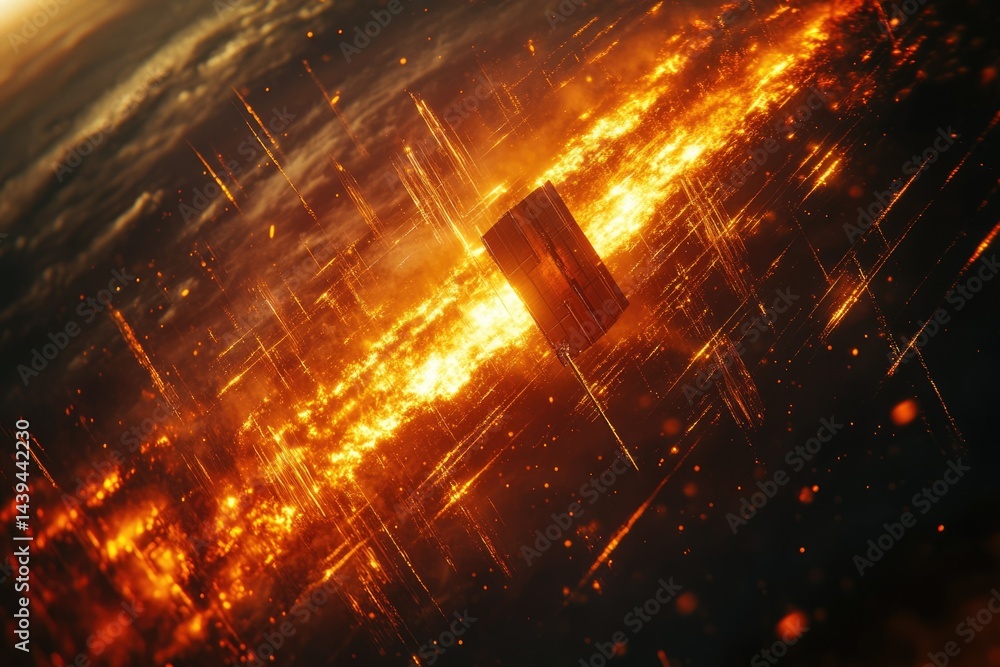 Poster a fiery, futuristic cityscape ablaze, with a monolithic structure hovering above, suggesting catastr