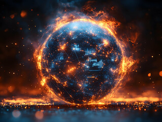 Fototapeta premium A fiery blue sphere embedded with glowing networks stands amidst sparks and blurred lights against a dark background