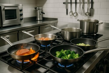 A professional kitchen with polished stainless steel countertops, several skillets and pots arranged on the stovetop, some with sizzling food and others with ingredients being prepped.