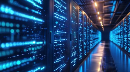 Obraz premium Futuristic data center with glowing blue neon lines and clean holographic interface floating in dark cyberspace, cyberpunk aesthetic technology concept. Advanced digital network.