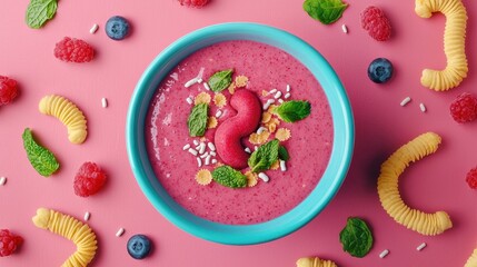A vibrant smoothie bowl topped with berries, mint, seeds, and decorative snacks on a pink background.