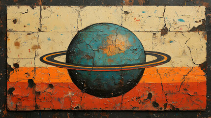 A textured planet with rings painted with cracks and imperfections