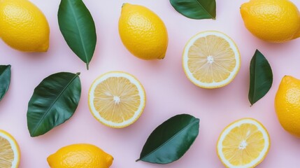 Fresh Lemons and Leaves on Pink Background