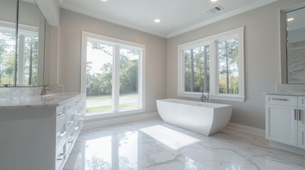 Luxurious bathroom interior with windows featuring a freestanding bathtub