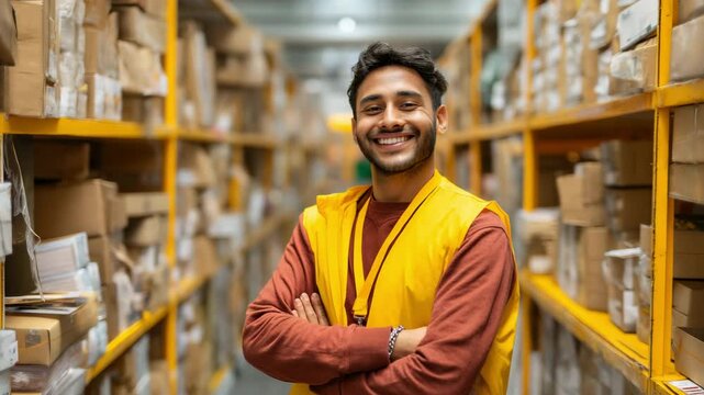 A confident Indian warehouse worker in a distribution center.