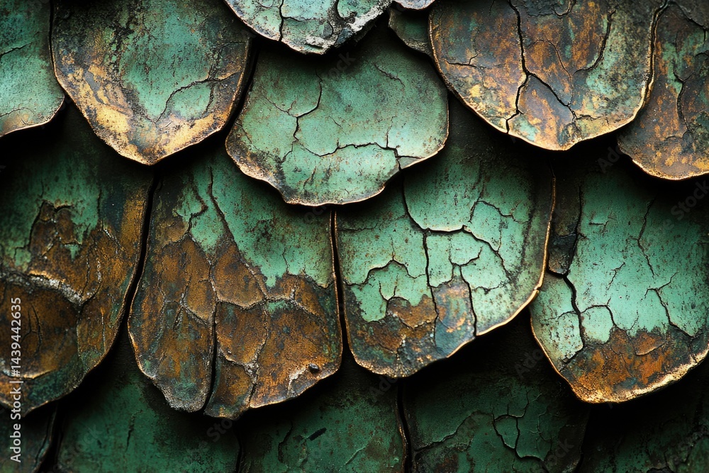 Fototapete close-up of weathered, teal and bronze overlapping scales with visible cracks and texture.