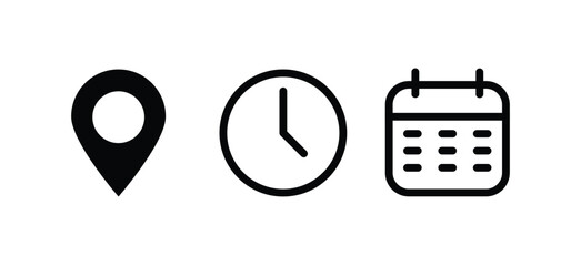 Calendar, Location pin, Clock icons. Event icon set. Address, time, date symbols vector
