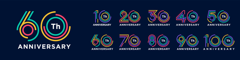 collection anniversary 10 to 100 year logo designs. abstract number for celebration event, wedding, greeting card, and invitation, vector illustration