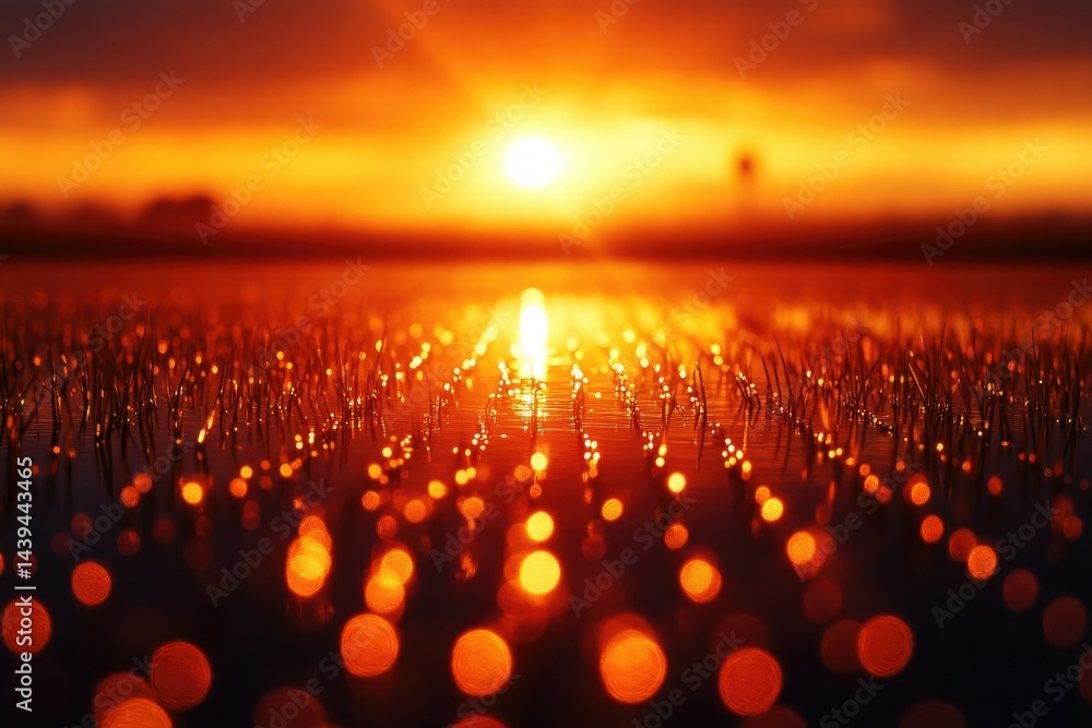 Poster stunning sunset over a tranquil rice paddy, reflecting golden light and creating a magical bokeh eff