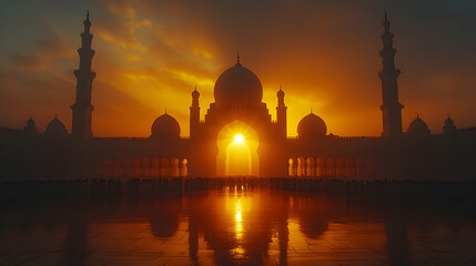 Fototapeta premium Golden light shines on a mosque with minarets and domes illuminating people gathered for prayer