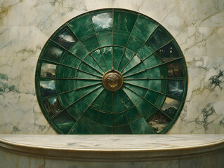 Circular marble wall decor with landscape pictures mounted above a stone countertop