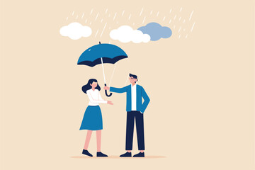 Altruism selfless principle for leadership to protect team and success together, gentleman or team support and caring, respect or empathy concept, kindness businessman offer umbrella to protect woman.