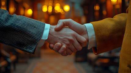 Two people shaking hands one with a checkered suit another with an orange blazer indoor soft light