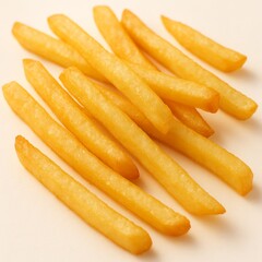 A close-up shot of freshly fried, golden crispy French fries scattered elegantly on a white background, with a few pieces angled slightly in different directions.