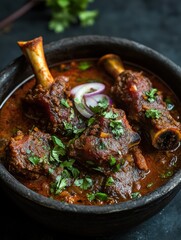 Hearty and Flavorful Traditional Meat Dish with Spices and Fresh Herbs Served in a Rustic Black Bowl on a Dark Background