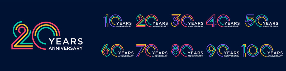 collection anniversary 10 to 100 year logo designs. abstract number for celebration event, wedding, greeting card, and invitation, vector illustration