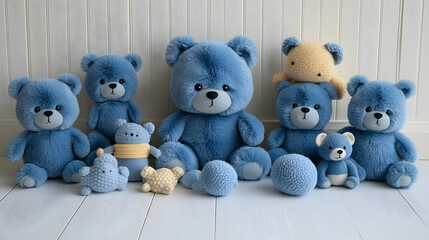 Collection of soft toys in blue and yellow colors placed on a wooden surface