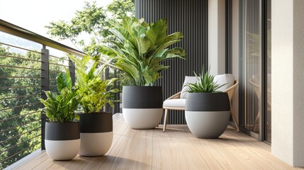 Fototapeta premium Stylish balcony garden with potted plants and modern furniture.