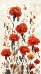Obraz premium Red floral arrangement with small buds thin stems on a soft watercolor background