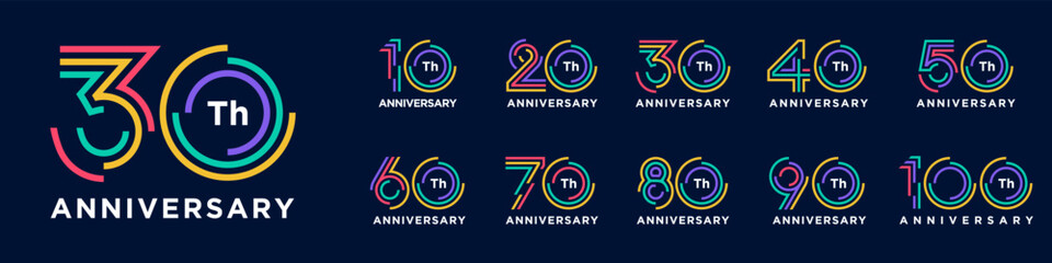 collection anniversary 10 to 100 year logo designs. abstract number for celebration event, wedding, greeting card, and invitation, vector illustration