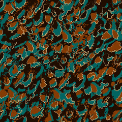 Leopard style spotted seamless pattern. Abstract dark blue, turquoise and brown brushstroke and gold curves. Background for design, textile, wallpaper, wrapping, cover, carton, print, banner.