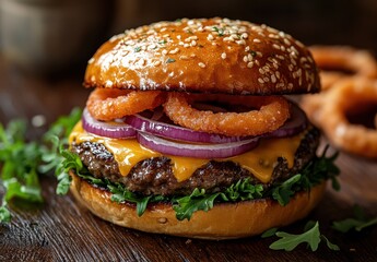 Juicy Cheeseburger with Fresh Vegetables, Crispy Onion Rings, and Soft Sesame Bun on Rustic Wooden Table Top