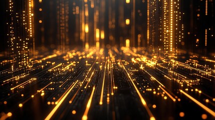 Abstract neon circuit board pattern with shining golden elements on black background, futuristic technology concept digital design, hi-tech engineering background, cyber, modern sci-fi theme,