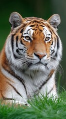 Naklejka premium Majestic Tiger Sitting Gracefully in Lush Green Habitat