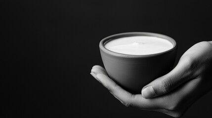 A farmer holding a clay bowl of fresh yogurt, black and white studio shot, clean and commercial aesthetic