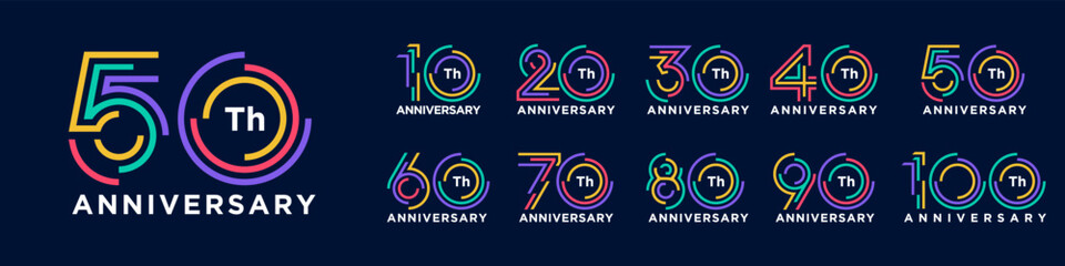 collection anniversary 10 to 100 year logo designs. abstract number for celebration event, wedding, greeting card, and invitation, vector illustration
