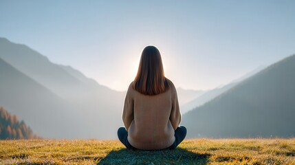 Peaceful Reflection of a Person Sitting on Grass at Sunrise
