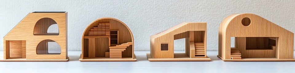 Four miniature wooden houses showcasing unique architectural designs and interior layouts