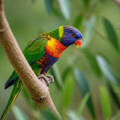 Rainbow Lorikeet perched on a branch in showcasing its colorful plumage