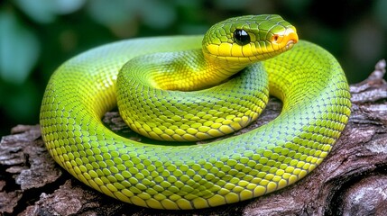 Obraz premium Green snake coiled on wood, rainforest background, wildlife photography