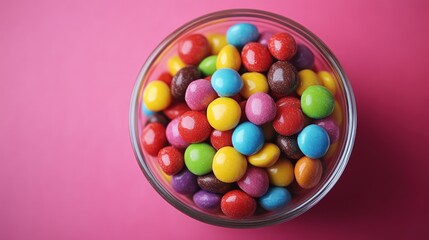Colorful round candies in a glass bowl
