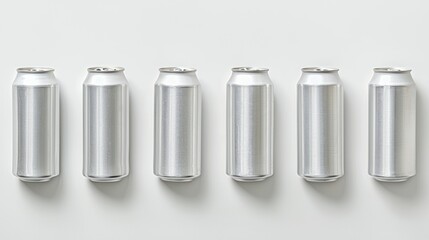 Horizontal row of silver 330 ml aluminum cans on a white background.
