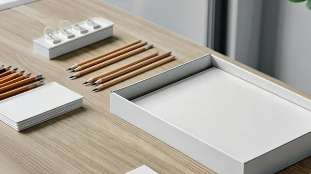 Organizing office supplies on a minimalist wooden desk surface
