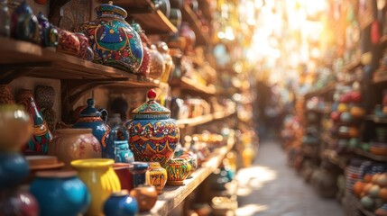 Fototapeta premium Shelves Displaying Colorful Ceramic Pottery Inside Of A Bright Shop