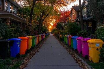 Fototapeta premium A Rainbow of Recycling Bins Lining a Suburban Street at Sunset in Autumn