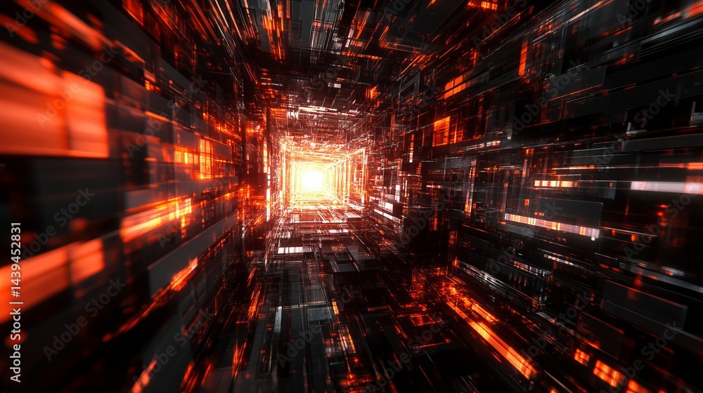 Poster abstract digital orange tunnel futuristic technology background design fi 3d red sci dark grid data