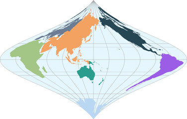 World vector map with continent boundaries and graticules in Asia-Pacific view(Fouc projection, PPT-compatible, pre-colored & fully editable)