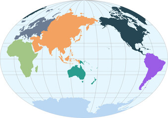 World vector map with continent boundaries and graticules in Asia-Pacific view (Fahey projection, PPT-compatible, pre-colored & fully editable)